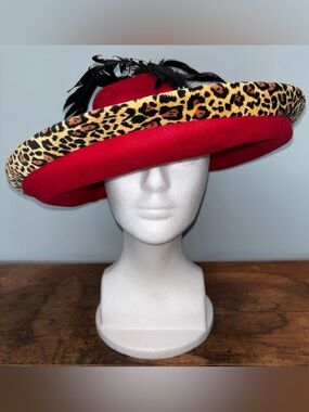 Whittall & Shon Women’s Hat Red Leopard Trim Wide-Brim Wool with Feathers Derby